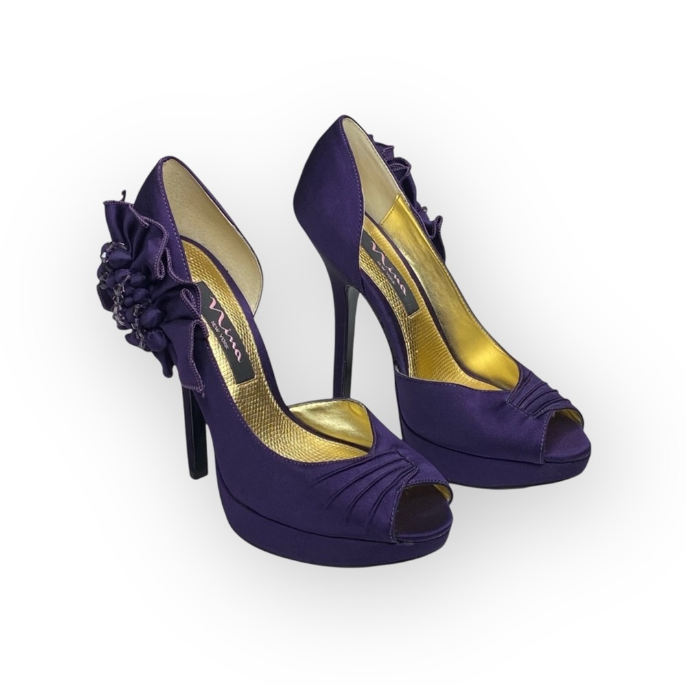 new Nina ༄ Satin Crystal D’Orsay Platform Peep Toe Stiletto Heel༄ Amethyst ༄ 6.5 - Picture 9 of 16
